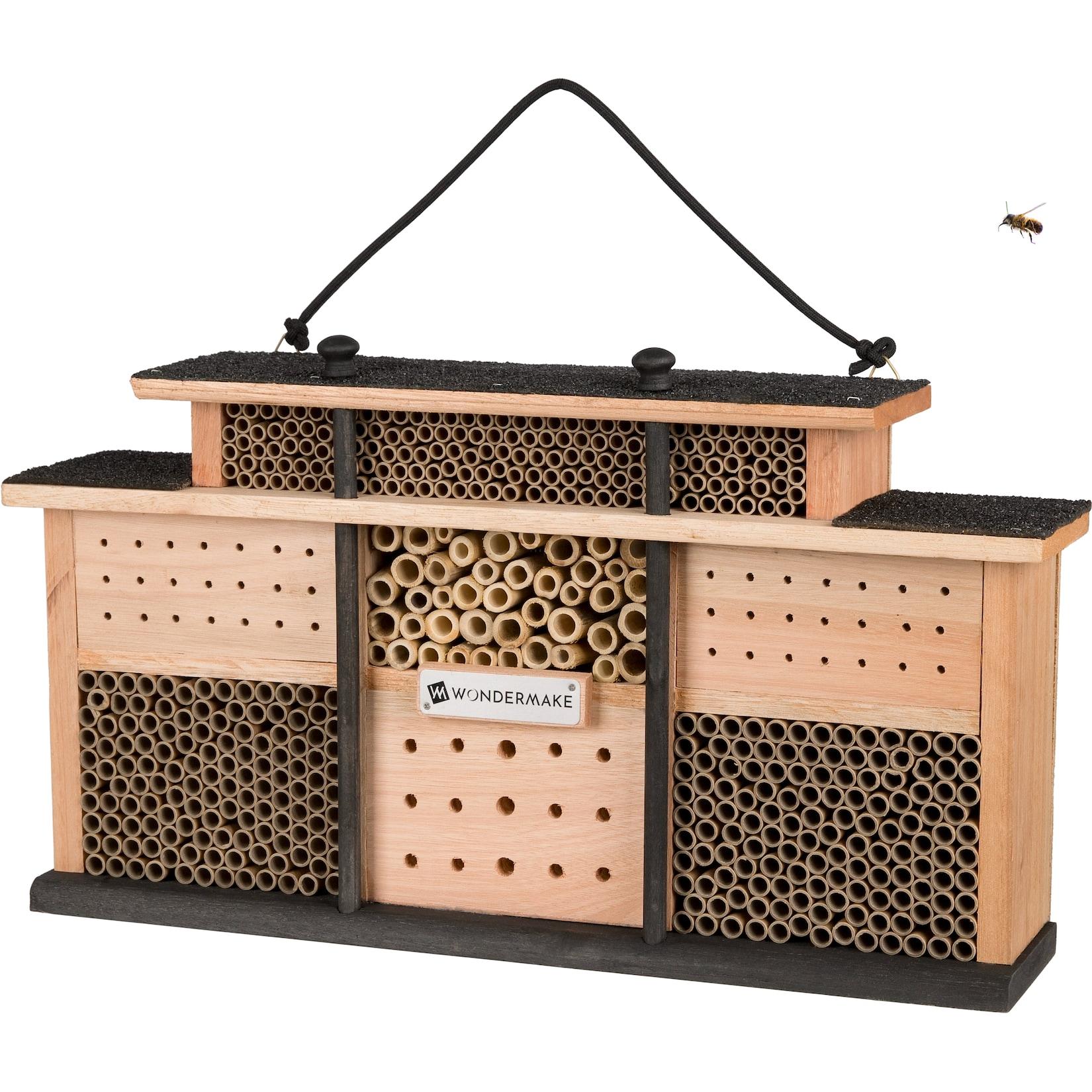 WONDERMAKE® Design Insektenhotel aus Holz mit 7 Zimmern und Terrasse, Bienenhotel groß hängend Nisthilfe für Wildbienen, 48 x 10,5 x 27 cm, braun schwarz