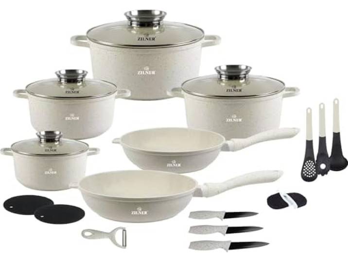 ZILNER Topfset 21-teilig, Marmor- & Keramikbeschichtung, Glasdeckel, Weiß Töpfe und Pfannen Set, Antihaftbeschichtung, für alle Herdarten, Aluminium Kochgeschirr, Küchenutensilien