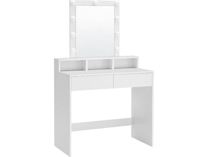 CALICOSY - Coiffeuse blanche avec miroir à ampoules et 2 tiroirs - L80 x H145 cm