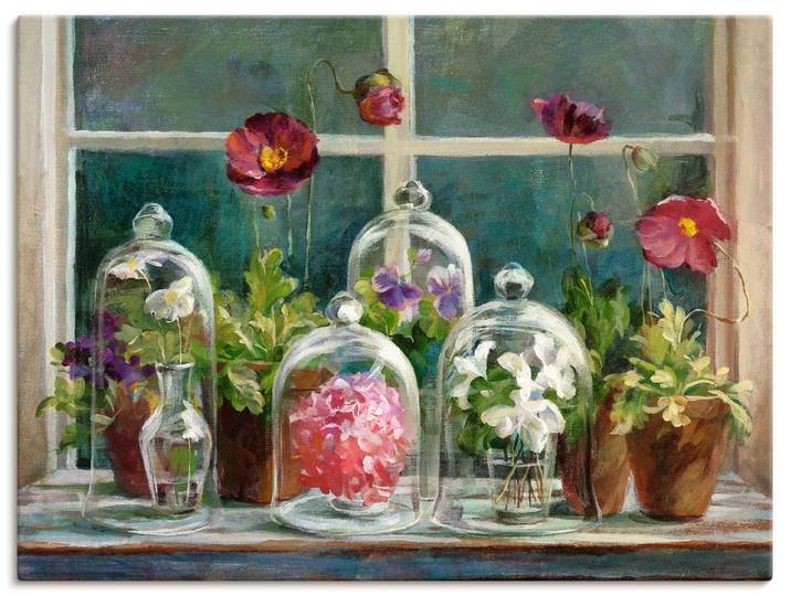Leinwandbild ARTLAND Lila Mohnsammlung am Fenster , grün (farbe bild(er): grün), B:80cm H:60cm, Bilder, Leinwandbild, auf Holzrahmen gespannt