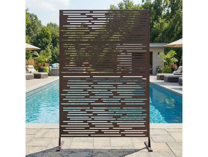 Sichtschutz Metall, Freistehender Paravent 180x120 cm, Wetterfester Sichtschutz Für Garten Terrasse Balkon Outdoor Deko, Raumteiler Mit Ständer, Verzinkter Stahl, Streifen Braun