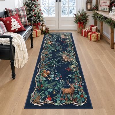 BLUEBELL Washable Christmas Woodland Animal Area Rug & Runner, Non-Slip Low-Pile Holiday Floor Mat