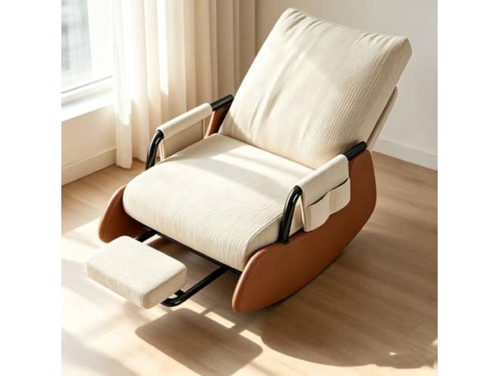 Schaukelsessel Modern – mit Breiter 60cm Sitzfläche Bequemer Schaukelsessel mit 60cm breiter Sitzfläche und platzsparender Beinauflage fürs Wohnzimmer.