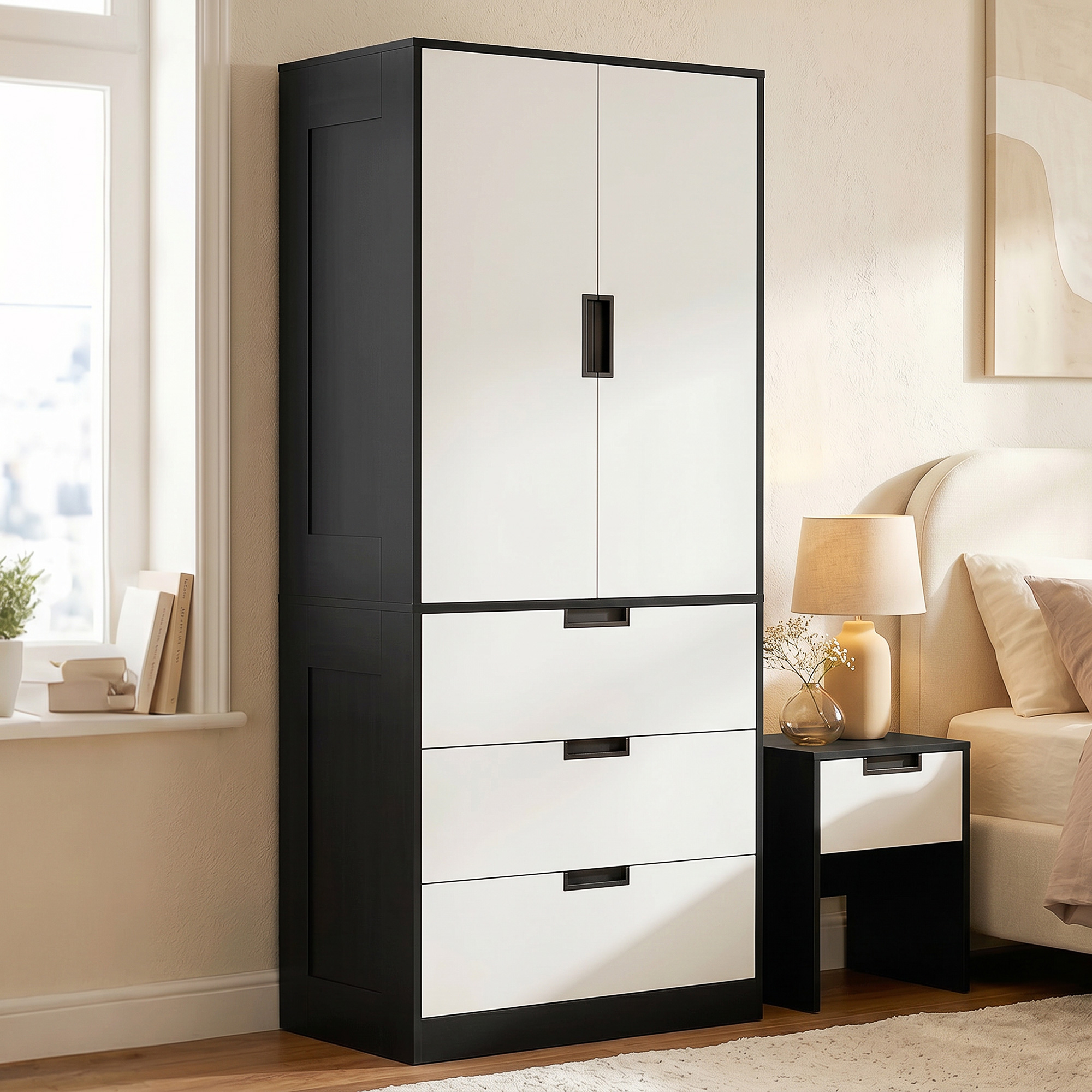 Homcom Armadio 2 Ante con 3 Cassetti, Moderno Armadio con Barra Appendiabiti, per Camera da Letto, Nero Bianco   Aosom Italy