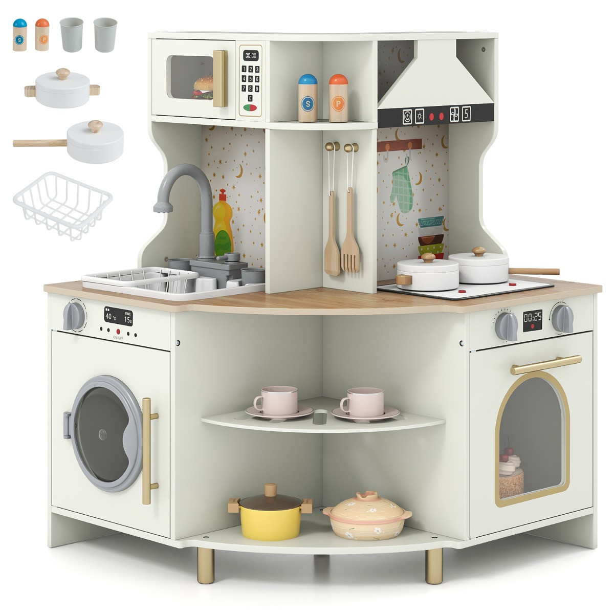 Costway Kinderspeelkeuken Houten Hoekkeuken Speelset met Werkende Kraan en Gootsteen