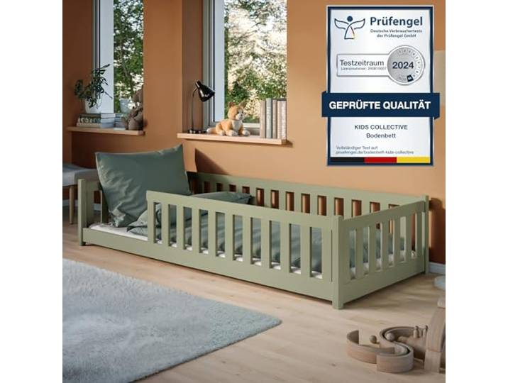 Kids Collective Montessori-Bodenbett 80x160 cm, Olivgrün, Rausfallschutz Lattenrost inklusive, Matratze optional, für Kinder und Jugendliche
