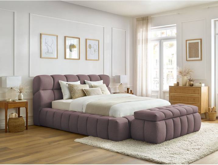 Lit coffre MONT-BLANC + Bout de lit MONT-BLANC tissu chiné 140x190 + bout de lit 140