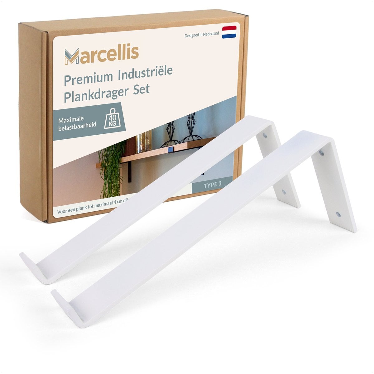 Marcellis 2x Industriële plankdrager XL voor plank 30cm met schroefset - Mat wit - Staal - T3