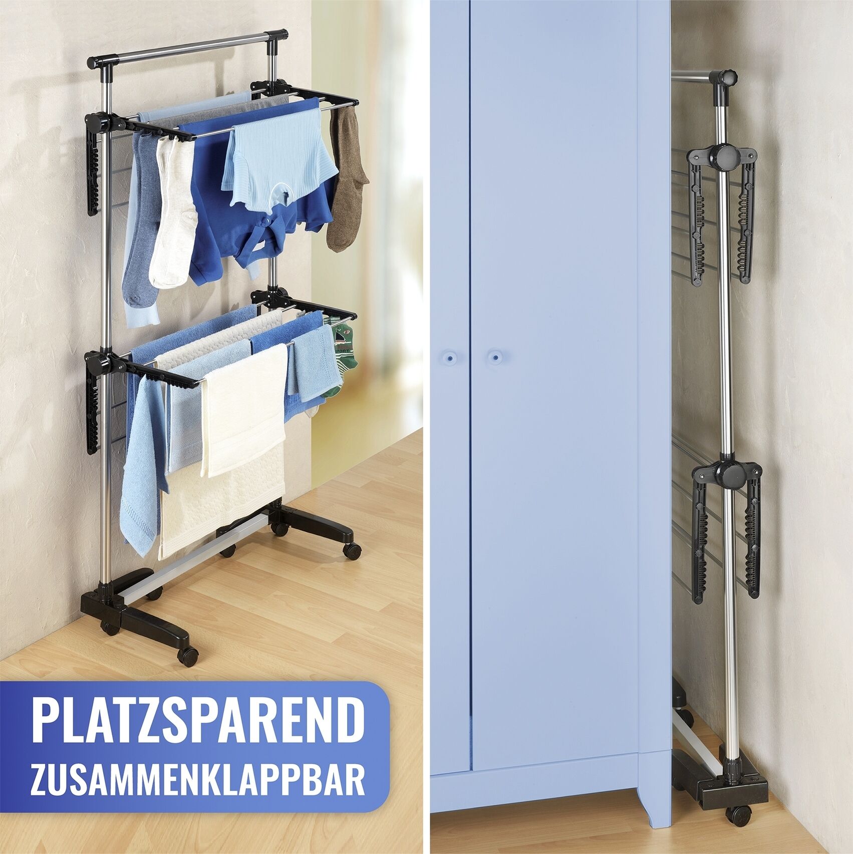 Turmwäscheständer MAXIMEX "Modell Platzsparend", silber (silberfarben, schwarz), B:77cm H:143cm T:56cm, Edelstahl, Kunststoff, Wäscheständer, Turmwäscheständer, Wäscheständer mit 2 Etagen und 6 Rollen, Trockenlänge 11 m, klappbar silberfarben, schwarz Ein