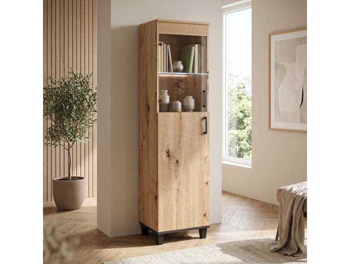 Masseno Vitrinenschrank CORTEZA 193 x 50 cm Modern Wohnzimmer Vitrine mit Tür Eiche Artisan