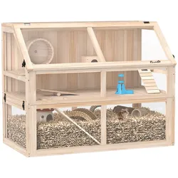 Hamsterkäfig aus Holz 3 Etagen Nagerkäfig mit Wippe Laufrad Hütte Naturholz
