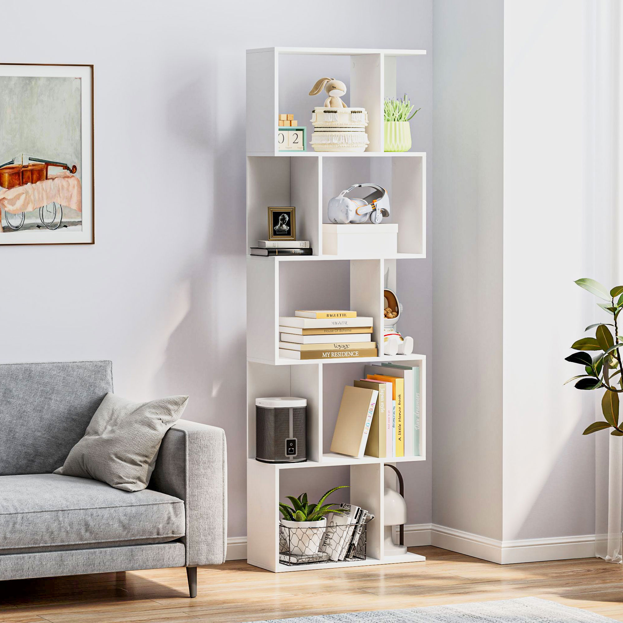 Homcom Scaffale Libreria Versatile a 5 Ripiani, Salvaspazio a Forma di S in Legno con Divisorio, 60x24x184.5 cm, Bianco  Aosom Italy