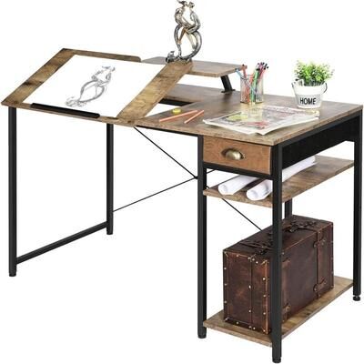 No Drafting Table with Storage Shelves & Drawer