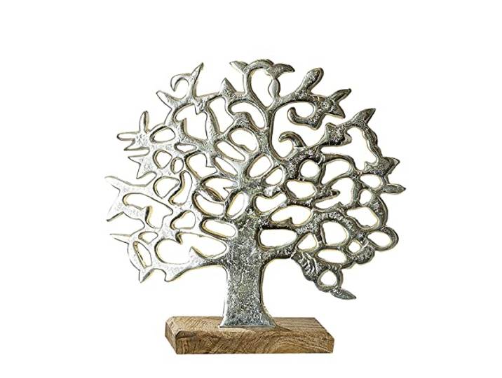 GILDE Deco figuur boom - levensboom - aluminium zilver op houten voet - 46x49 cm