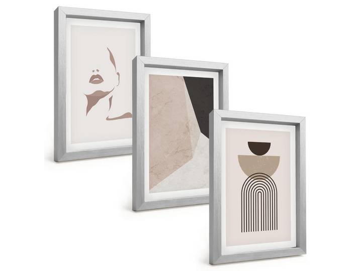 Tulup Bilder SET 3er Set - 20x30 cm Silberner Rahmen - Abstrakte Gesichtsformen, Silberfarben, Kunststoff, Rechteckig, 20x30 cm, Fotografie, Bilder & Rahmen, Bilder