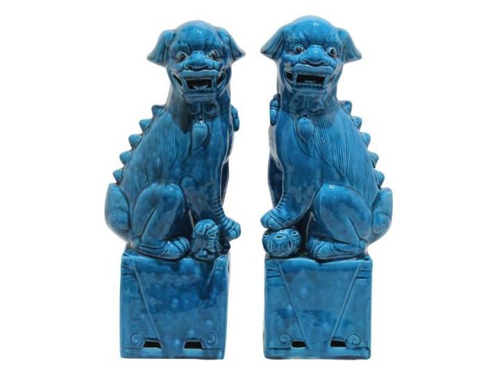 Ensemble Chiens Foo Chinois - Fine Asianliving - Porcelaine - Bleu - Fait Main - D10 x H34 cm