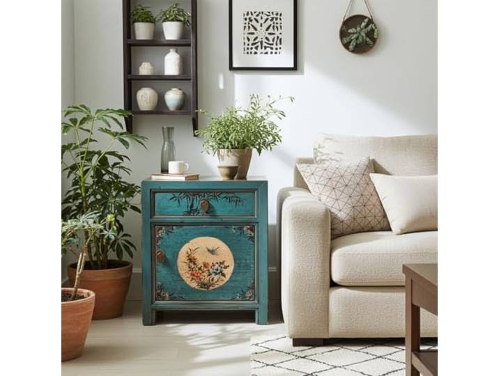 OPIUM OUTLET Chinesisches Nacht-Schränkchen asiatischer Nachttisch Kleiner Nacht-Schrank orientalische Schlafzimmer-Kommode Konsole Shabby-chic blau-türkis, komplett montiert