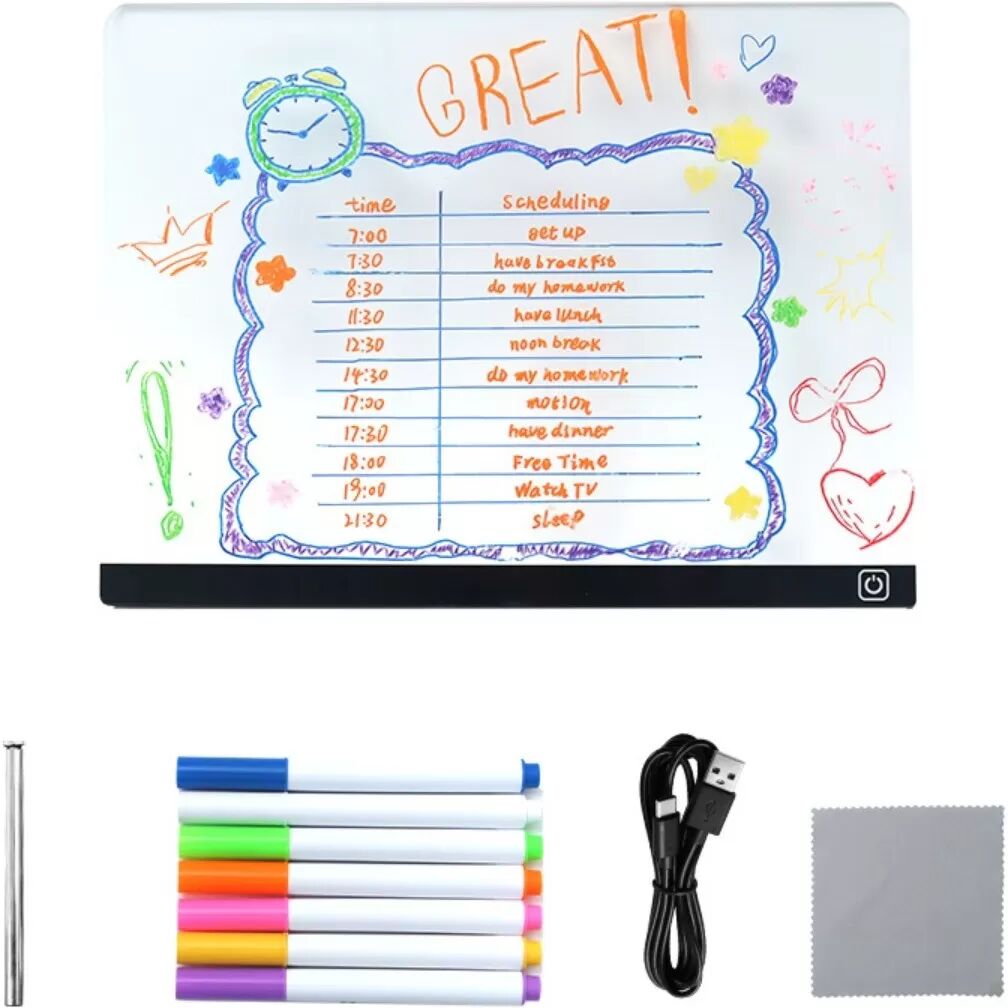 INF DIY Transparente Leuchtende Nachrichtentafel mit Metallständer, 7 Stiften & USB-C Kabel Klein