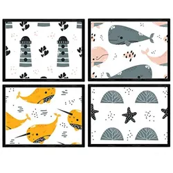 POSTER Set mit 4 Grauwal Orange Leuchtturm und Seestern A3 Rahmenlos