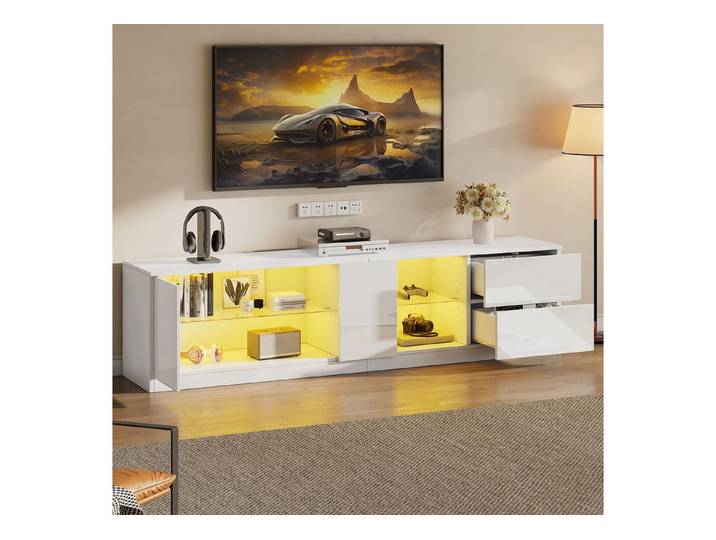 Odikalo TV-Schrank TV-Bank Lowboard Sideboard LED Regale Schubladen 160x40x52cm Weiß