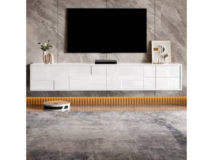 QQJIN Weiß Hochglanz TV Lowboard Stehend oder Hängend, 170 cm Fernsehschrank mit 3 Türen & 2 Schubladen, Griffloser Front, TV Kommode für Modernes Wohnzimmer