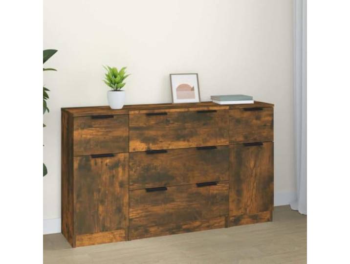 RJPLMFV Anrichte-Set, 3-teilig, Eiche, rauchfarben, Holz, Ingenieurskunst Minimalistisch, leicht zu reinigen, große Aufbewahrung, Wandbefestigung im Lieferumfang enthalten