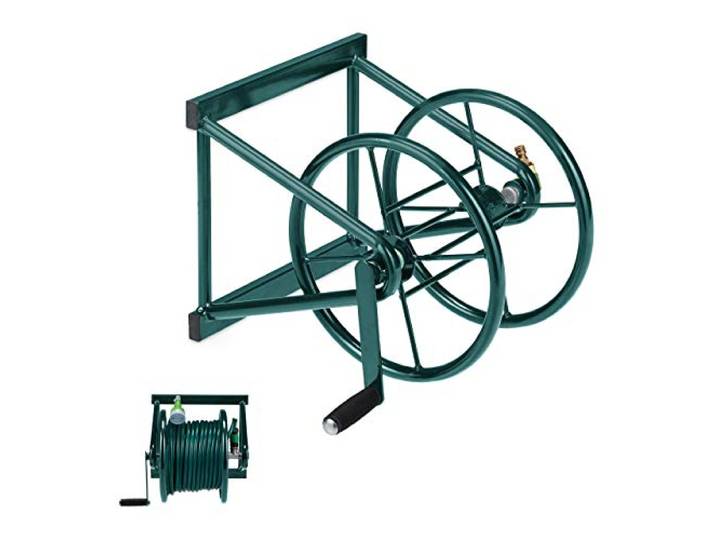Relaxdays Dévidoir Mural\, Enrouleur pour 60 m de Tuyau d’arrosage\, 2 raccords à Clipser\, Support\, Acier\, Vert