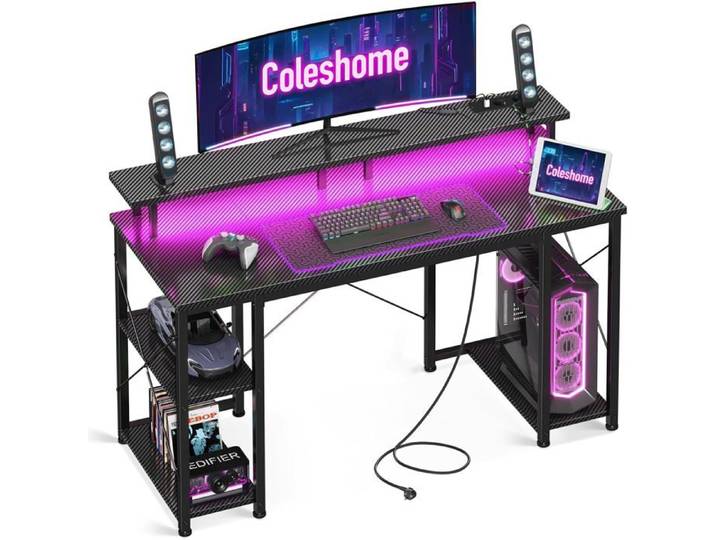 Bureau Gaming Led Avec Usb&Prises 120X50Cm Carbone Noir Table Gaming Avec Support Écran Led Rgb Et Ports Usb Pour Créer Un Setup