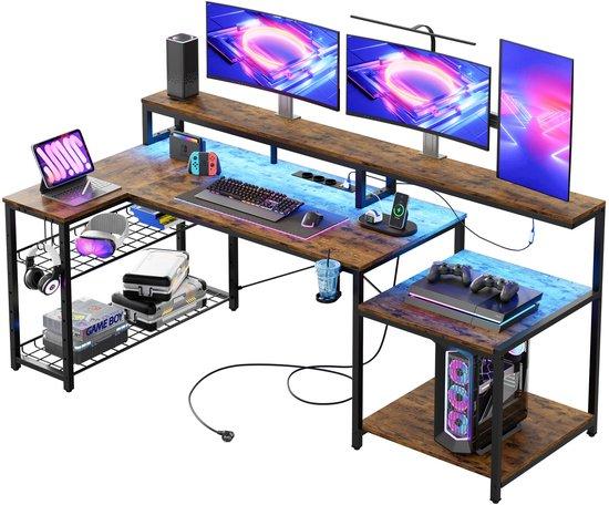 Ibenzoa L-förmiger Gamingtisch 181×80 cm für Gaming & Home-Office, RGB-LED, Monitorhalter, 3 AC + 2 USB (bis zu 6 Geräte), P2-Spanplatte 3D-Kohlefaser