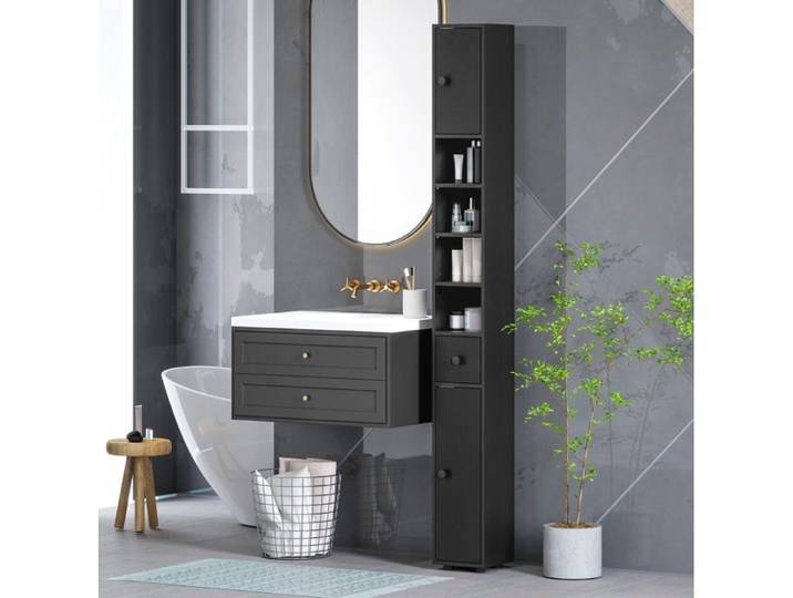 VUENOR Colonne de salle de bain 180x20 cm noir – 1 tiroir étagères ouvertes 30 kg