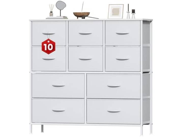 Noblik Große Kommode, Schrank, 10 Stoffkommode mit Metallrahmen und MDF-Holzplatte, verstellbare Füße, Kippsicherung, Aufbewahrung Kommode für Schlafzimmer, Wohnzimmer, Kleiderschrank, Weiß