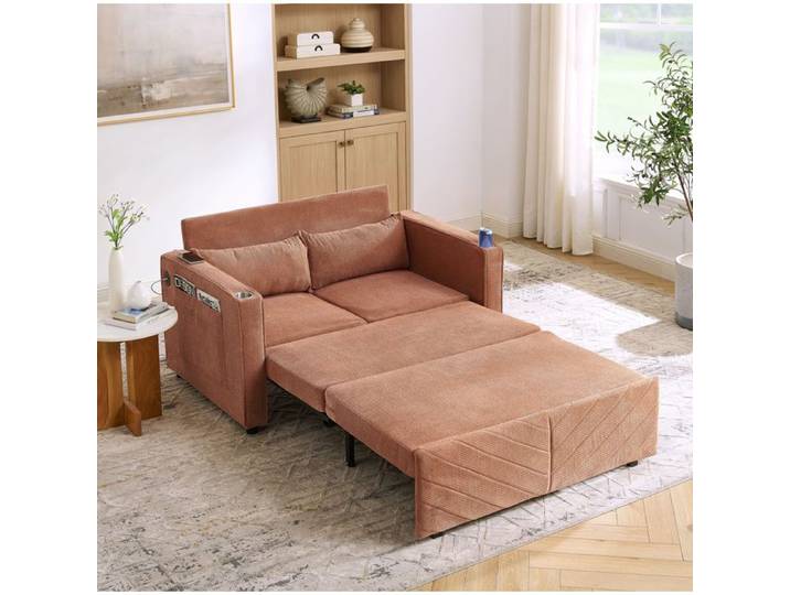 WOVREO Canapé convertible 3-en-1 2 places lit d'appoint tissu USB orange