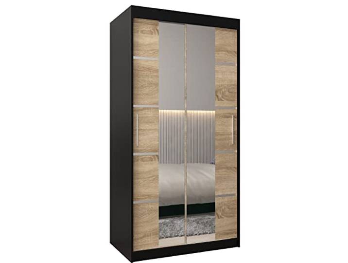 MEBLE KRYSPOL Verona 4 100 Schlafzimmerschrank mit Zwei Schiebetüren, Kleiderschrank mit Spiegel, Schiebetürenschrank Kleiderstange und Regalen – 100x200x62cm - Mattschwarz + Sonoma