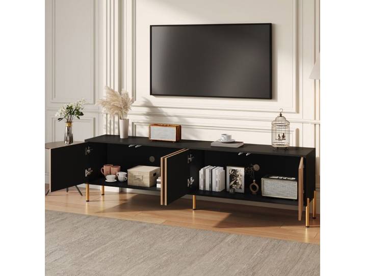 Meuble TV - Meuble TV Bas Contemporain avec 4 Portes Sans Poignée Rangement Fermé Noir/Bois Naturel