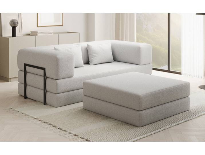 Lazy Spar-Set: 3-Sitzer + Hocker in Bouclé - Weiß - Bouclé - Luxusbetten24