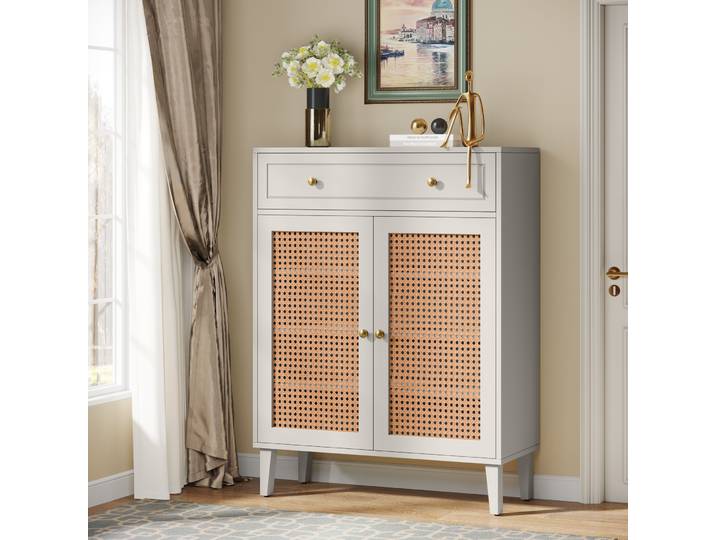 Tribesigns Armoire à chaussures moderne avec portes et tiroir, armoire de rangement pour chaussures d'entrée, armoire à chaussures en rotin vert menthe