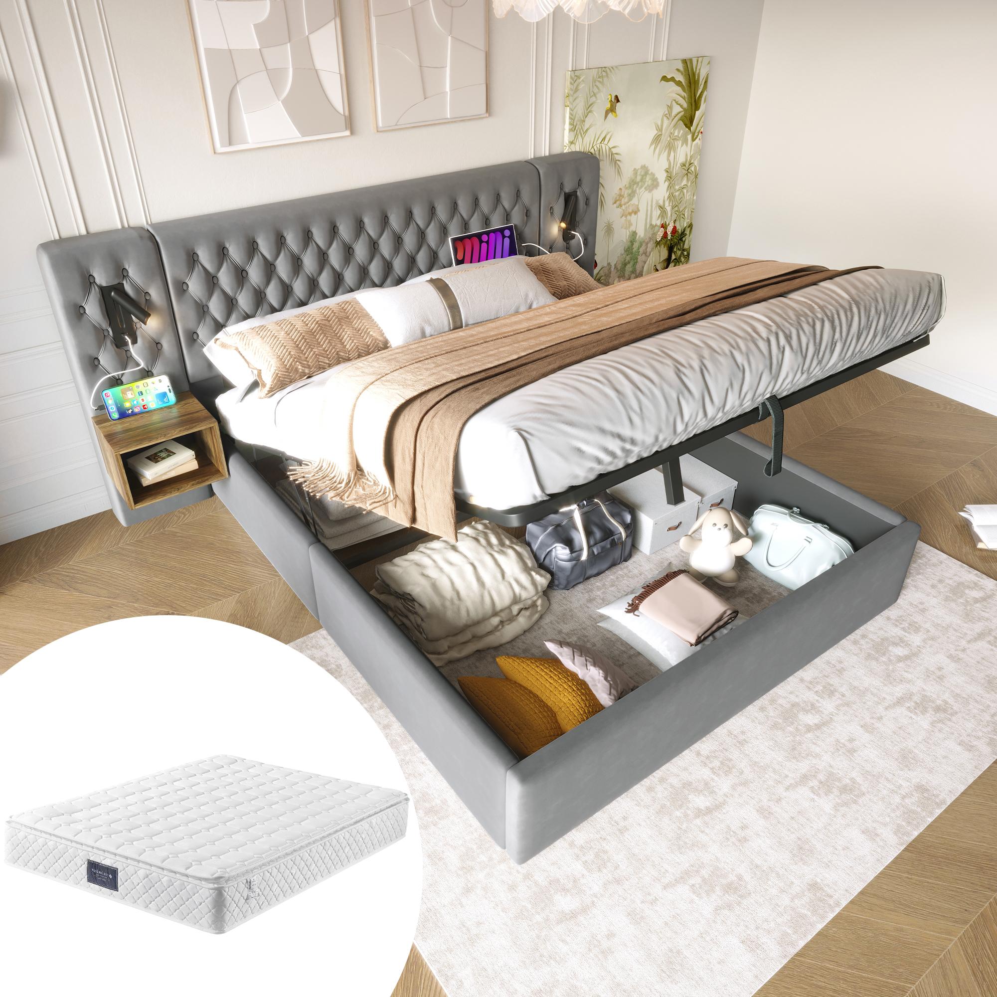 Bettanlage Schlafzimmer Komplett Set,Polsterbett Hydraulisch Stauraumbett Doppelbett 160×200 cm mit 2 Nachttischen(Mit Matratze)