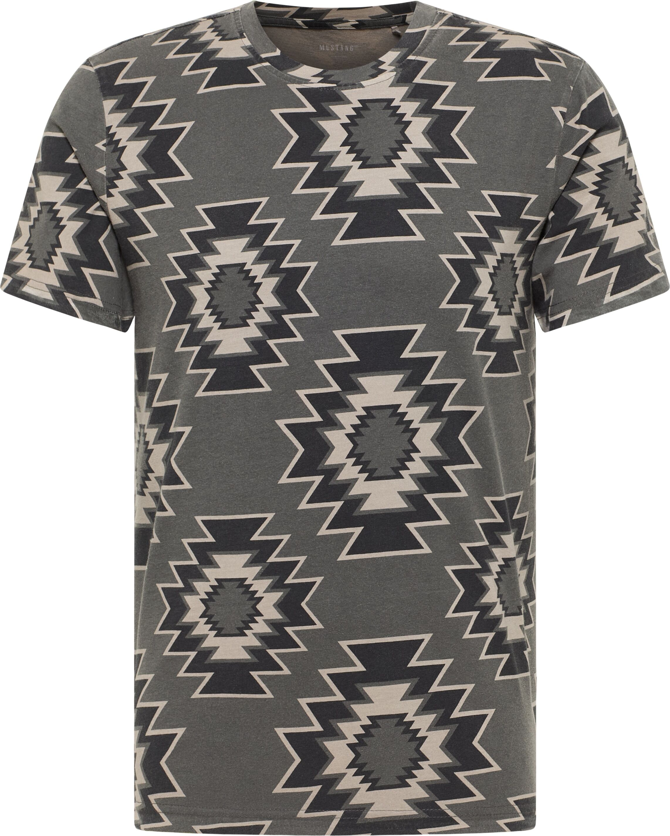 T-Shirt MUSTANG "Style Austin", Herren, Gr. 3XL, schwarz (fading ikat schwarz), Jersey, Obermaterial: 100% Baumwolle, gemustert, regular fit normal, Rundhals, Shirts T-Shirt, mit Ethno- Druck fading ikat schwarz 3XL