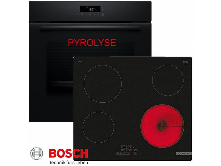 BOSCH Backofen-Set Pyrolyse Herdset Autark Backofen Selbstreinigung +Glaskeramik Kochfeld, Pyrolyse-Selbstreinigung, Pyrolyse + Hydrolyse