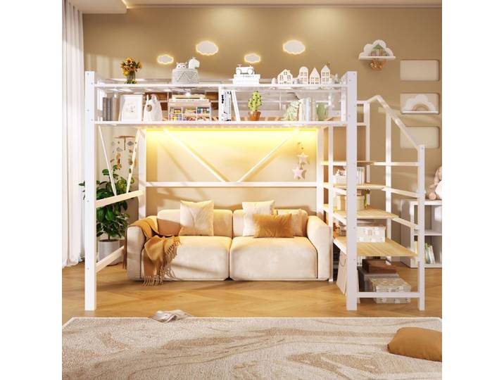 Lit mezzanine 140x200 cm avec étagère LED panneaux en treillis métallique panier de rangement blanc