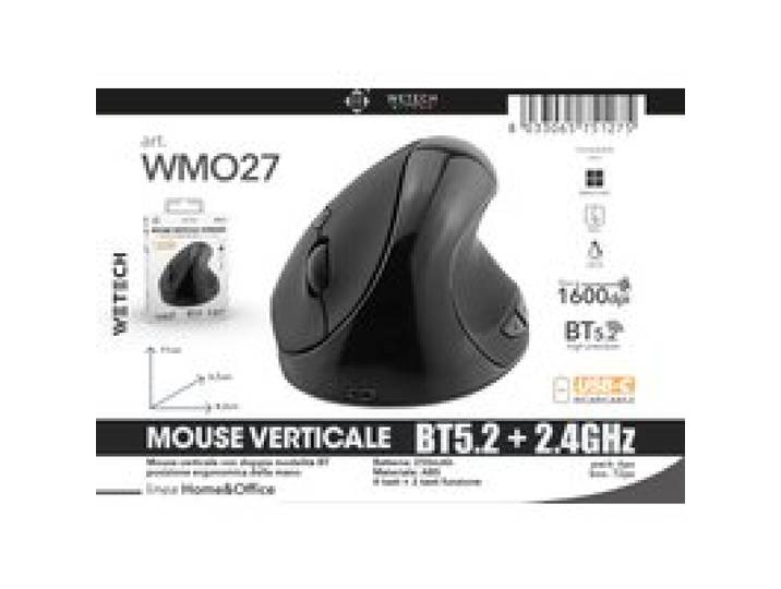 Oplaadbare ergonomische verticale muis met dubbele draadloze modus—2.4G + Bluetooth—DPI instelbaar tot 1600. Belast de pols niet na langdurig gebruik.