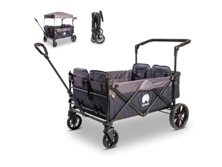 elvent WagonPro City Bollerwagen 4-Sitzer, faltbar mit Dach, Blau für 4 Kinder, Sitzpolster, Hecktasche, Feststellbremse