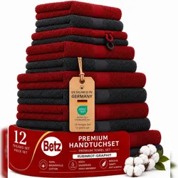 Betz 12-tlg. Handtuch-Set PREMIUM 100% Baumwolle 2 Duschtücher 4 Handtücher 2 Gästetücher 2 Seiftücher 2 Waschhandschuhe rubinrot/graphit