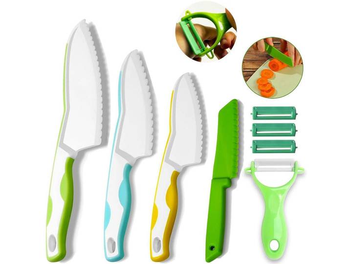 Kindermesser-Set 8-teilig Montessori Lernmesser mit Kinderschäler, Mehrfarbig, Kunststoff, Füttern, Kinderbesteck