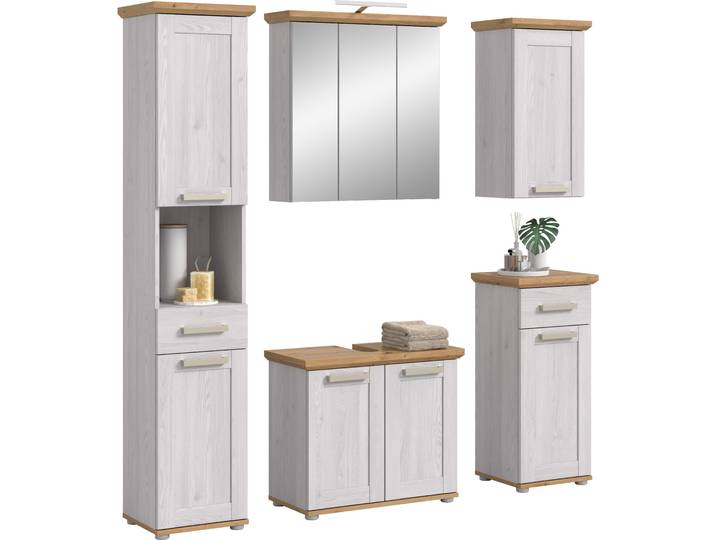 Badmöbel-Set WELLTIME COSENZA, 5-teilig, inkl. Beleuchtung, mit farblich abgesetztem Kranz , weiss (sibiu lärche nachbildung), B:180cm H:187cm T:34cm, Kastenmöbel-Sets, Badmöbel-Set, Bad-Kombination, Badezimmer, Kombi, Bad, Bad-Möbel