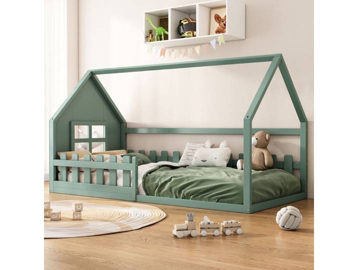 Lit enfant 90x200cm vert en bois structure cabane pour chambre enfant