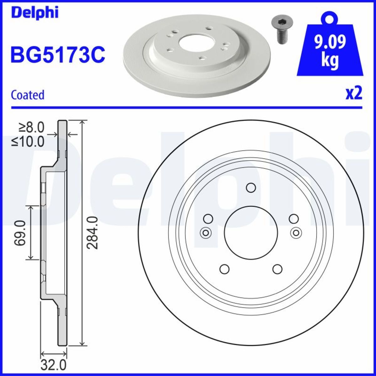 Bremsscheibe DELPHI BG5173C hinten, voll, 2 Stück