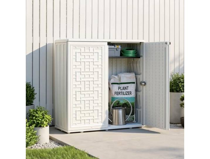 VEVOR Abri Jardin Résine 0\,23 m³ Armoire Rangement Extérieur Étanche Blanc Pour Garage Terrasse\, Stockage Tondeuse et Outils Accessoires Jardinage\, avec Étagère Réglable\, Portes Verrouillables\, Fond