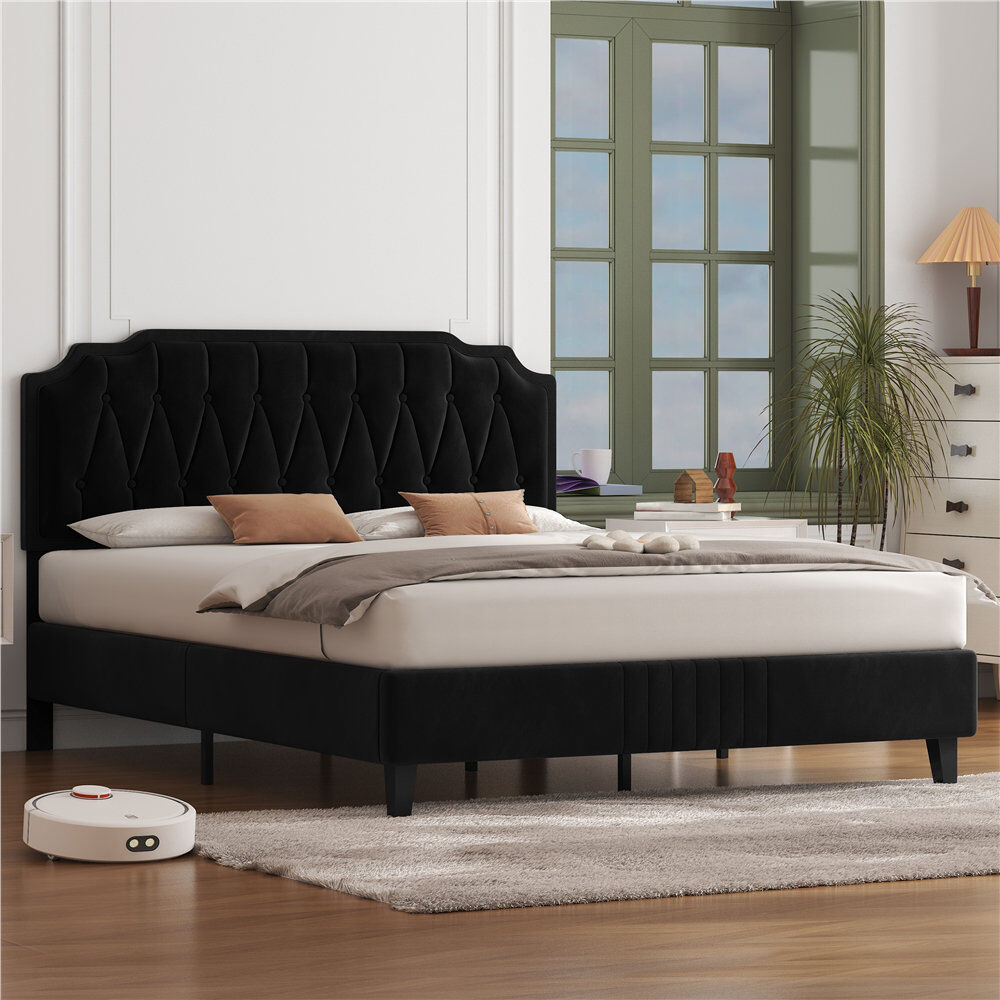 Yaheetech Upholstered Bed Frame with with Diamond Button-Tufted Headboard Black Kingsize (5')