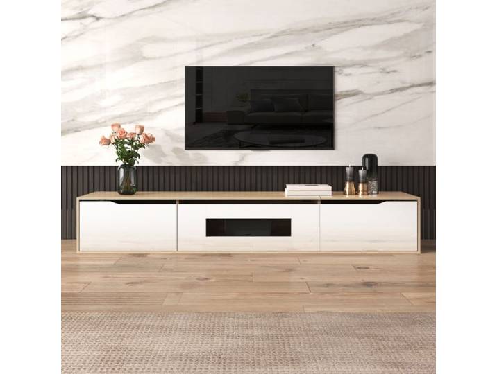 Meuble TV 180x30x35cm LED à couleurs changeantes coloris blanc et bois